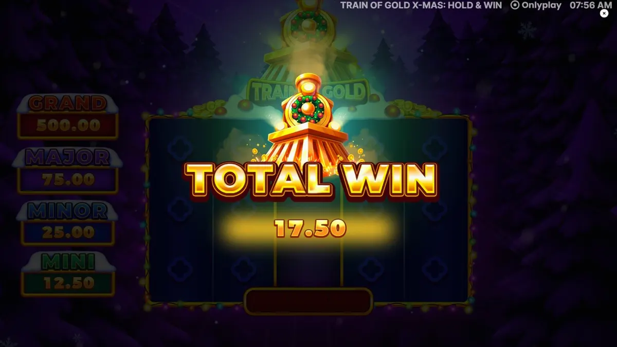 Tampilan antarmuka mobile slot Train of Gold X-Mas: Hold & Win dengan tema kereta salju yang meriah