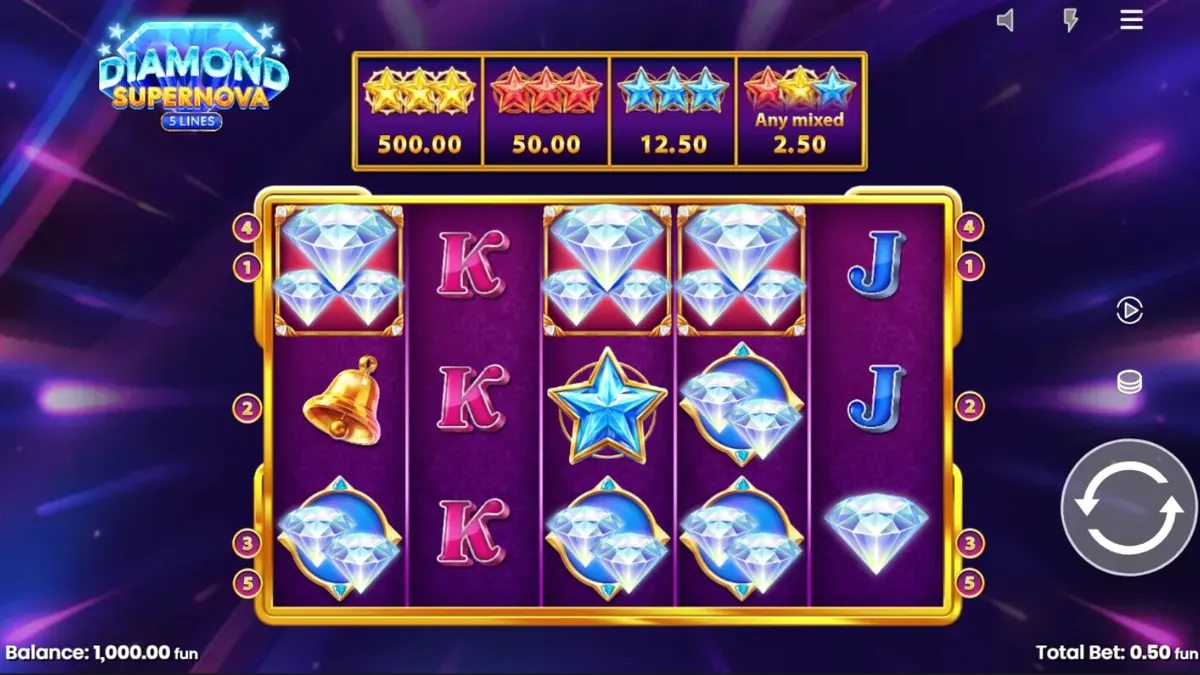 Tampilan visual slot Diamond Supernova dengan latar belakang kosmik dan simbol berlian yang berkilau.